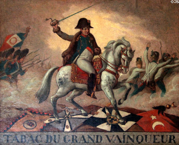 Tobacco of the Great Conqueror tobacco merchant sign (19thC) showing Napoleon riding across flags of Italy, Prussia, Russia & Turkey at Carnavalet Museum. Paris, France.