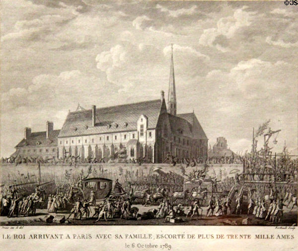 The King & Royal Family Arriving in Paris on Oct 6, 1789 graphic from History of the French Revolution by Pierre Gabriel Berthault after Jean-Louis Prieur at Carnavalet Museum. Paris, France.