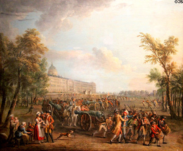 Looting of Weapons at Invalides July 14, 1789 painting (c1789) by Jean-Baptiste Lallemand at Carnavalet Museum. Paris, France.