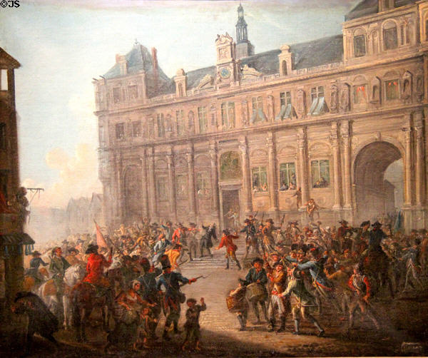 Killing of Jacques de Flesselles July 14, 1789 high civic official of Paris on steps of City Hall painting (c1789) by Jean-Baptiste Lallemand at Carnavalet Museum. Paris, France.