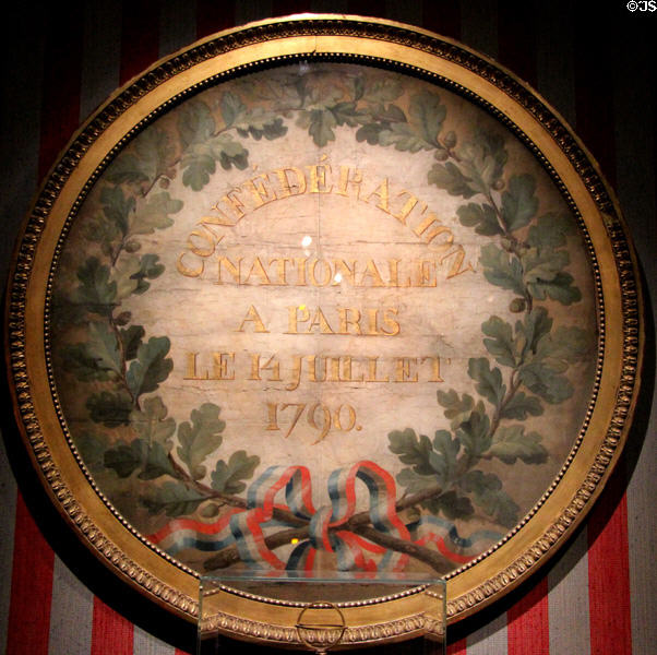 Framed fragment of banner commemorating first national celebration of French Revolution (July 14, 1790) at Carnavalet Museum. Paris, France.