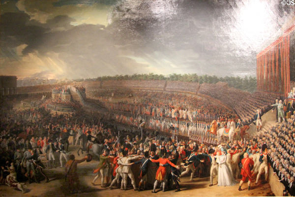 National celebration on Champs de Mars July 14, 1790 where Louis XVI pledged loyalty to French Constitution painting (1792) by Charles Thévenin at Carnavalet Museum. Paris, France.