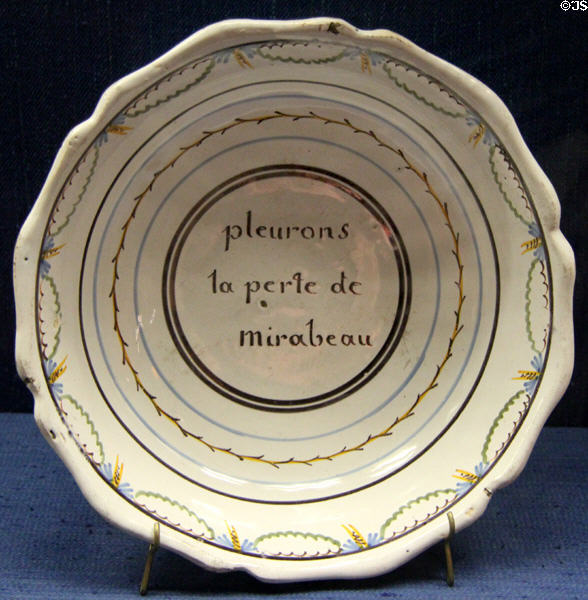 Earthenware plate (c1791) inscribed "Weep for the pearl of Mirabeau" in honor of Count Mirabeau, an early leader of French Revolution at Carnavalet Museum. Paris, France.