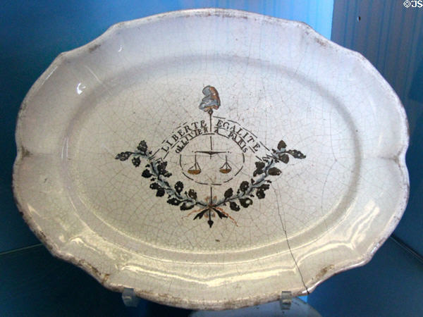 Earthenware platter inscribed Liberty, Equality over scales of justice (1791-93) made by Ollivier (Paris) at Carnavalet Museum. Paris, France.