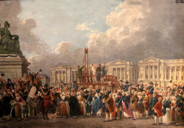 Execution by Guillotine at Place de la Révolution (now Place de la Concorde) painting (c1793) by Pierre-Antoine Demachy at Carnavalet Museum. Paris, France.