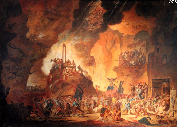 The Jacobins in Hell, a political club during French Revolution associated with Reign of Terror allegorical painting (c1795) attrib. to Jean Touzé after Hector Chaussier at Carnavalet Museum. Paris, France.
