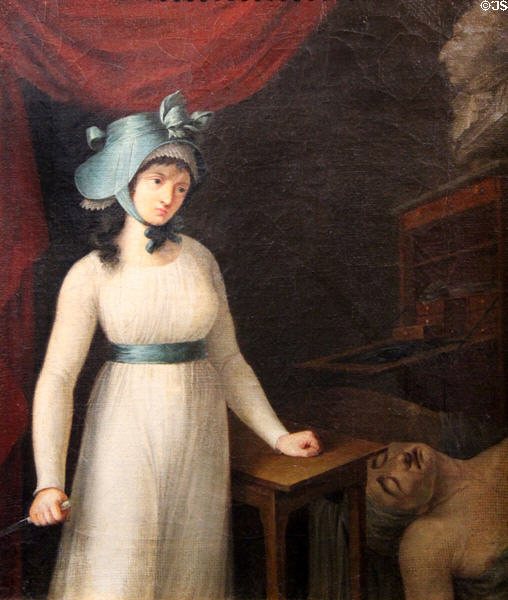 Charlotte Corday just after Assassinating Marat painting (late 18thC) by French School at Carnavalet Museum. Paris, France.