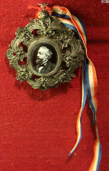 Portrait of Léon Gambetta, statesman prominent during & after Franco-Prussian war, set in medallion of enamel & gold filigree, artist unknown at Carnavalet Museum. Paris, France.