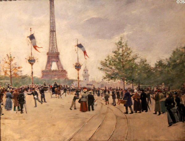 Entrance to the Universal Exposition of 1889 with Eiffel Tower painting by Jean Béraud at Carnavalet Museum. Paris, France.