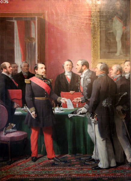 Georges-Eugène Haussmann receiving Napoleon III's decree incorporating several small towns into Paris on June 16, 1859 painting by Adolphe Yvon at Carnavalet Museum. Paris, France.