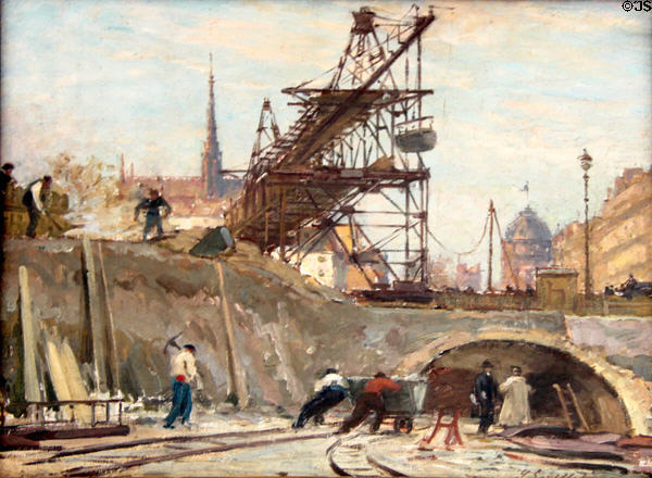 Working on Metropolitain (Line 4 crossing the Seine) at Place Saint-Michel (1906) by Georges Souilletat Carnavalet Museum. Paris, France.