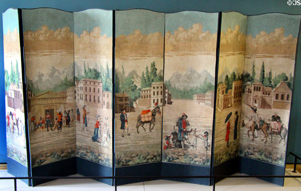 Arrival of Replacements 7-leafed painted paper screen (c1795-9) by unknown maker at Carnavalet Museum. Paris, France.