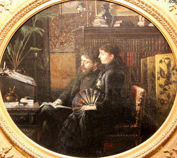 Alphonse Daudet in his workroom with wife Julie, also a writer, painting (1883) by Louis Montegut at Carnavalet Museum. Paris, France.