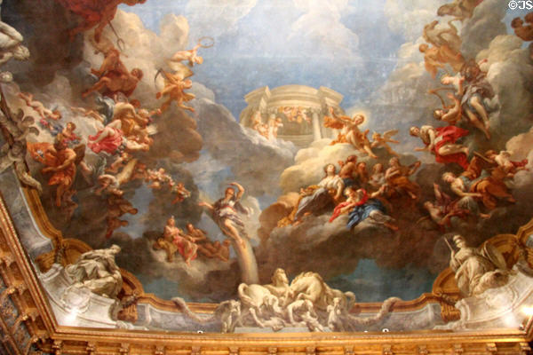 Details of Apotheosis of Hercules ceiling painting by François Lemoyne in Hercules Room at Versailles Palace. Versailles, France.