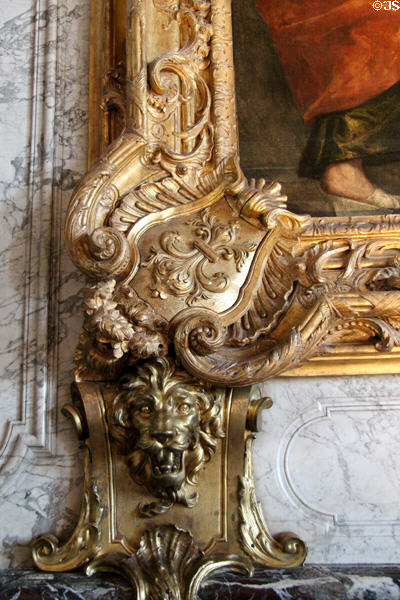 Gilded frame detail of Christ at house of Simon the Pharisee painting (1570) in Hercules Room at Versailles Palace. Versailles, France.