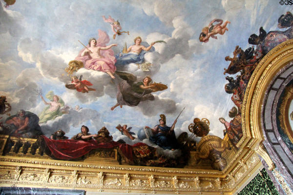 Royal Magnificence & Magnanimity Inspiring & Rewarding the Arts baroque ceiling painting (1683) by René-Antoine Houasse in salon of abundance at Versailles Palace. Versailles, France.