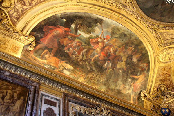 Diana hunting a boar baroque ceiling painting (1680) by Gabriel Blanchard in Diana room at Versailles Palace. Versailles, France.