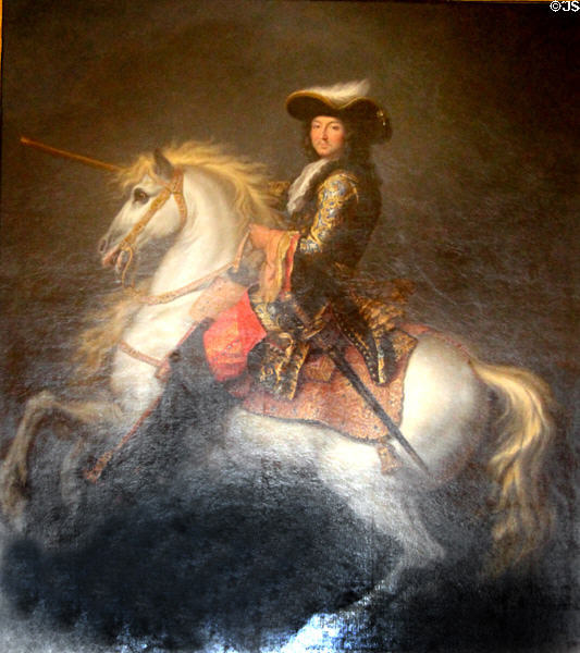 Equestrian portrait of Louis XIV (1674) by René-Antoine Houasse in Mars room at Versailles Palace. Versailles, France.