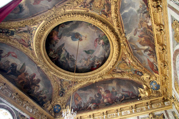 Louis XIV's military campaigns ceiling (1685-6) by Charles Le Brun in War Room at Versailles Palace. Versailles, France.