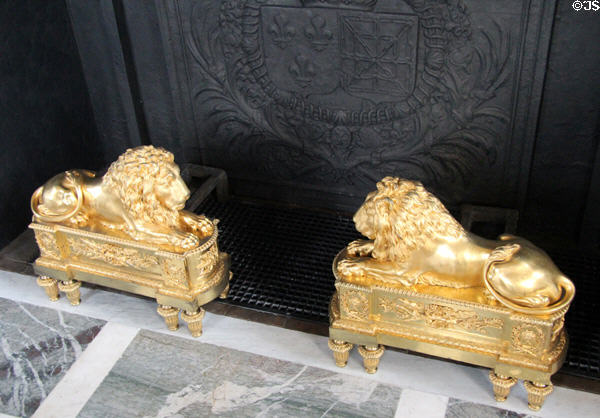 Lion andirons & cast-iron fire screen of fireplace in Peace Room at Versailles Palace. Versailles, France.