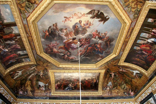 Queen's Guard Room ceiling painted (1679-80) with scenes of Jupiter by Noël Coypel at Versailles Palace. Versailles, France.