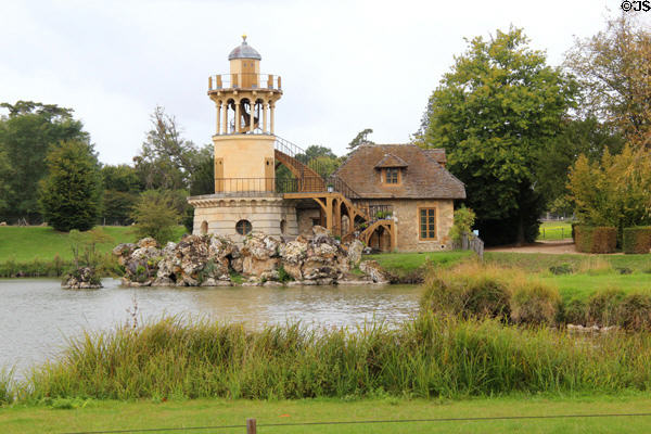 Fisheries Tower (aka Marlborough Tower) (1783) with boat landing plus dairy building at Marie Antoinette farm. Versailles, France. Architect: Richard Mique.