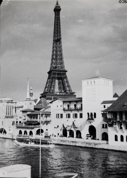 Eiffel Tower & French provincial pavilions at Exposition Paris 1937. Paris, France.