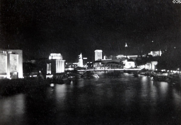 Lighted night view of Exposition Paris 1937. Paris, France.
