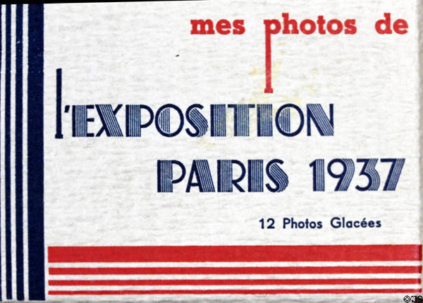 Cover of photo souvenir booklet with Art Deco design from Exposition Paris 1937. Paris, France.