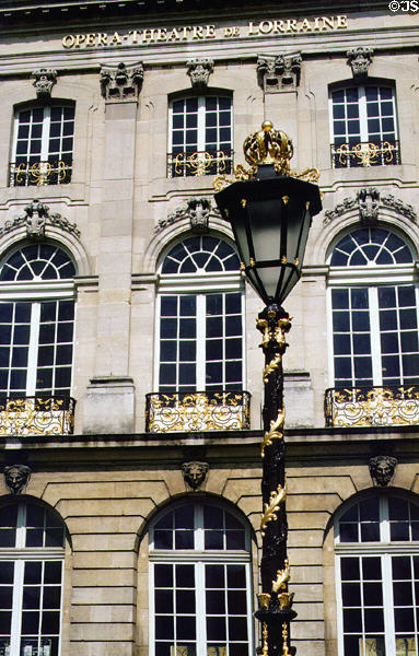 Lamp post with gilded design & National Opera of Lorraine (1919) with gilded ironwork balconies. Nancy, France. Architect: Joseph Hornecker.