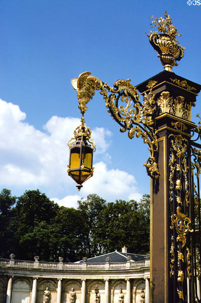 Hanging lamp on gilded lamppost on Place Stanislas. Nancy, France.