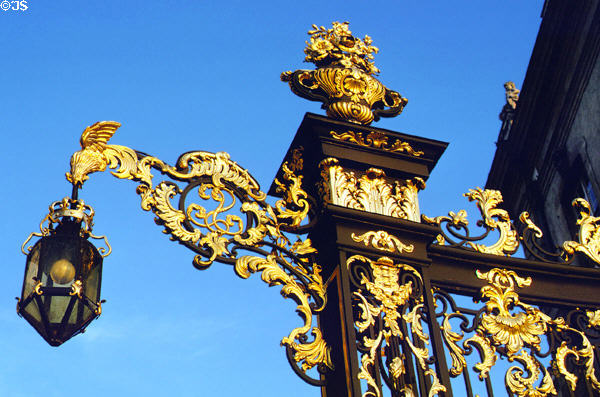Details of gilded ironwork design on lamppost on Place Stanislas. Nancy, France.