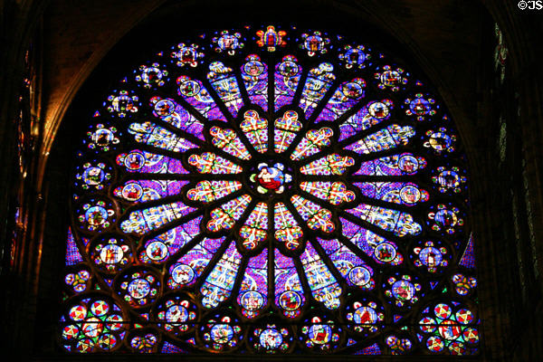 Rose window on north transept featuring Jesse Tree at St-Denis Basilica. St Denis, France.