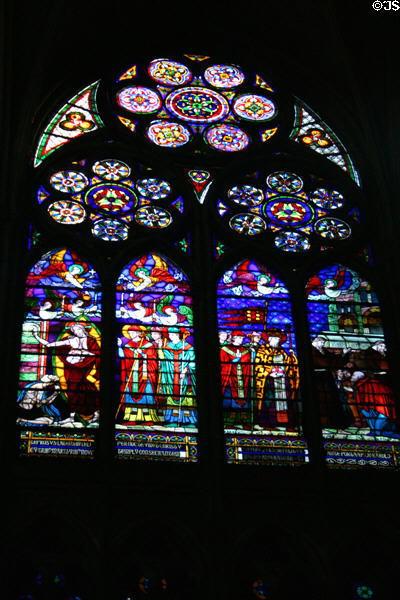 Christ healing leper stained glass window at St-Denis Basilica. St Denis, France.