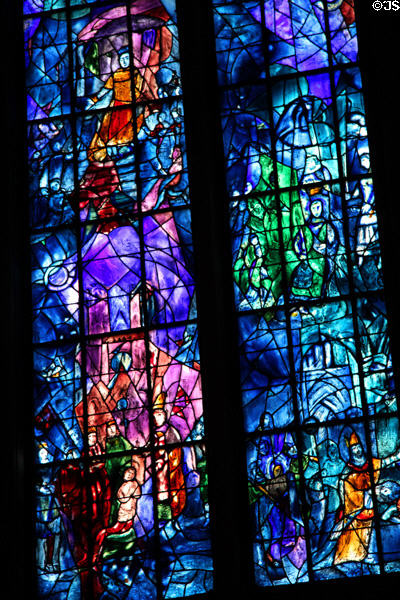 Coronation of St Louis; Coronation of Charles VII in presence of Joan of Arc; Baptism of Clovis by St Remi details on Chagall stained glass window at Reims Cathedral. Reims, France.