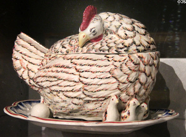 Ceramic covered dish in form of chicken with chicks (19thC) by Ferrière-la-Petite at Museum of Fine Arts. Reims, France.