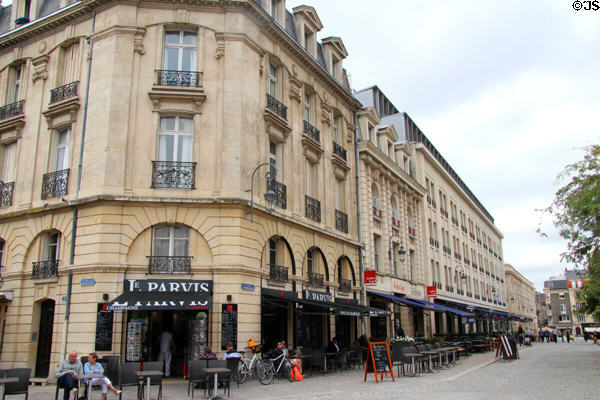 Buildings lining square in central area, Place Parvis, near Cathedral. Reims, France.