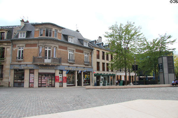 Shops around Cathedral area, Place Cardinal Luçon. Reims, France.