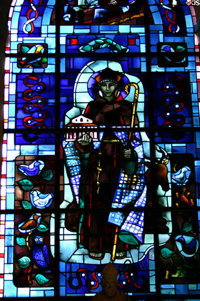 St Rieul, first Bishop of Senlis, stained glass window (20thC) in Notre Dame Cathedral. Senlis, France.