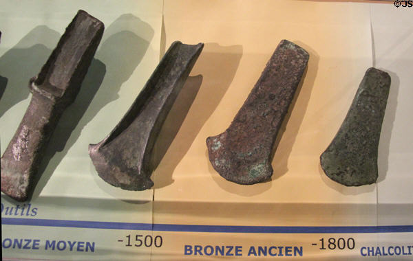 Bronze-age ax heads (-1800-1500 BCE) at Archeology Museum of Morbihan. Vannes, France.