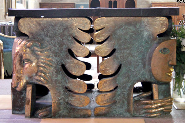 Symbols for Evangelists Mark (lion) & Matthew (angel) on high altar inside St Vincent Cathedral. St Malo, France.