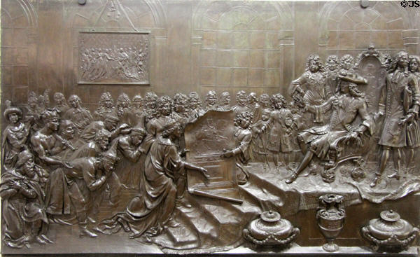 Brittany offers Louis XIV plan for his bronze equestrian statue in form of bronze plaque (1692-3) by Antoine Coysevox at Museum of Fine Arts of Rennes. Rennes, France.