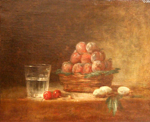 Basket of plums painting (1759) by Jean-Baptiste Siméon Chardin at Museum of Fine Arts of Rennes. Rennes, France.