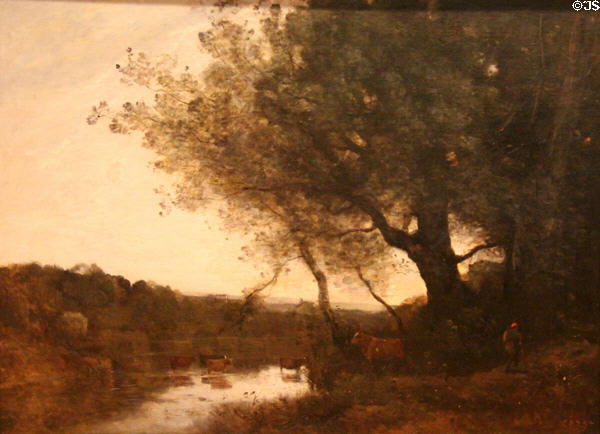 Gué passage, evening painting (1868) by Jean-Baptiste-Camille Corot at Museum of Fine Arts of Rennes. Rennes, France.