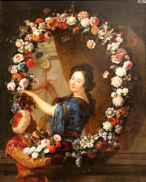 Woman with garland painting (17th or 18thC) by Jean-Baptiste Blin de Fontenay at Caen Museum of Fine Arts. Caen, France.