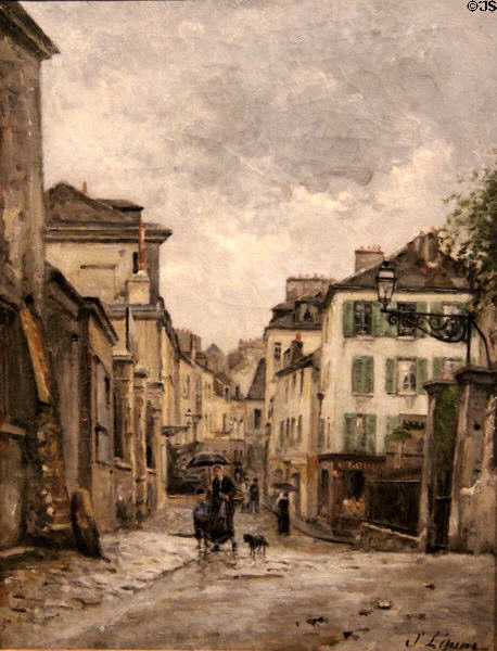 Montmartre rue Norvins in rain painting (1876-80) by Stanislas Lépine at Caen Museum of Fine Arts. Caen, France.