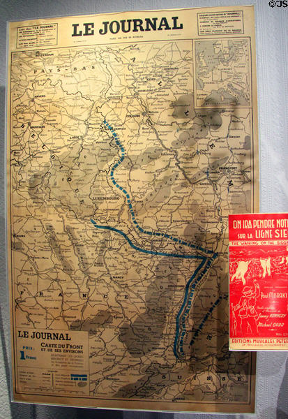 Map of French Maginot Line defenses along French-German border which Germany bypassed by invading through Belgium at Caen Memorial. Caen, France.