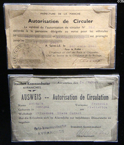 Authorizations to Circulate or internal passports for occupied individuals (1943) at Caen Memorial. Caen, France.