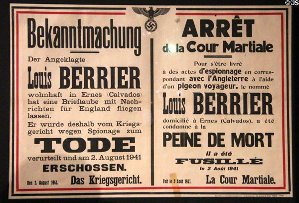 Poster announcing execution (August 2, 1941) of Louis Berrier for espionage against Germany at Caen Memorial. Caen, France.