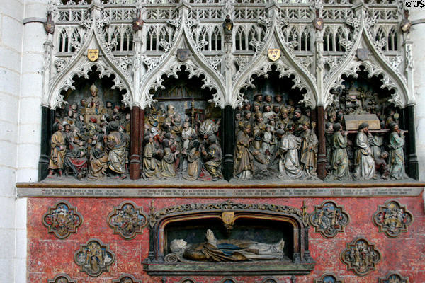 Scenes with polychrome sculpted figures (1495) from life of St Firmin, first Bishop of Amiens & funerary monument of Ferry de Beauvoir, Bishop of Amiens who died in 1472 at Amiens Cathedral. Amiens, France.